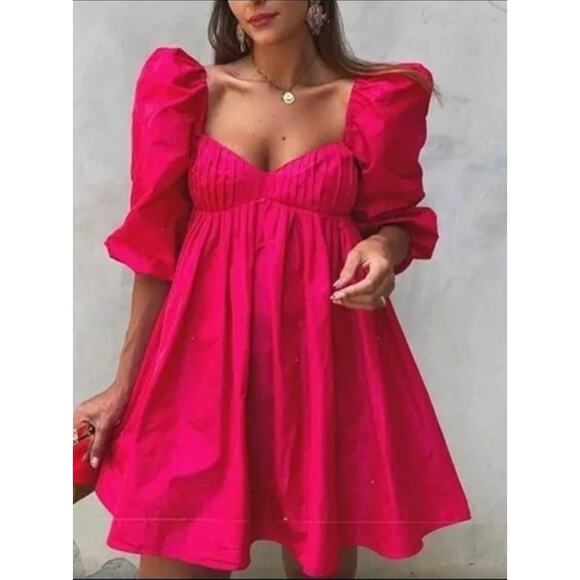 Zara Blogger's Fave Pink Puffed Sleeve Babydoll Mini Dress size L - Picture 10 of 12